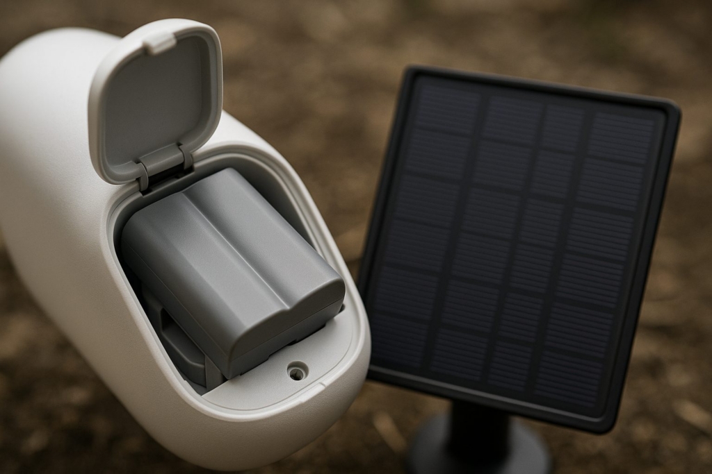 Akkufach einer Überwachungskamera mit Solarpanel daneben