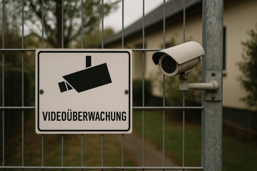 Hinweisschild Videoüberwachung an einem Zaun neben einer Außenkamera