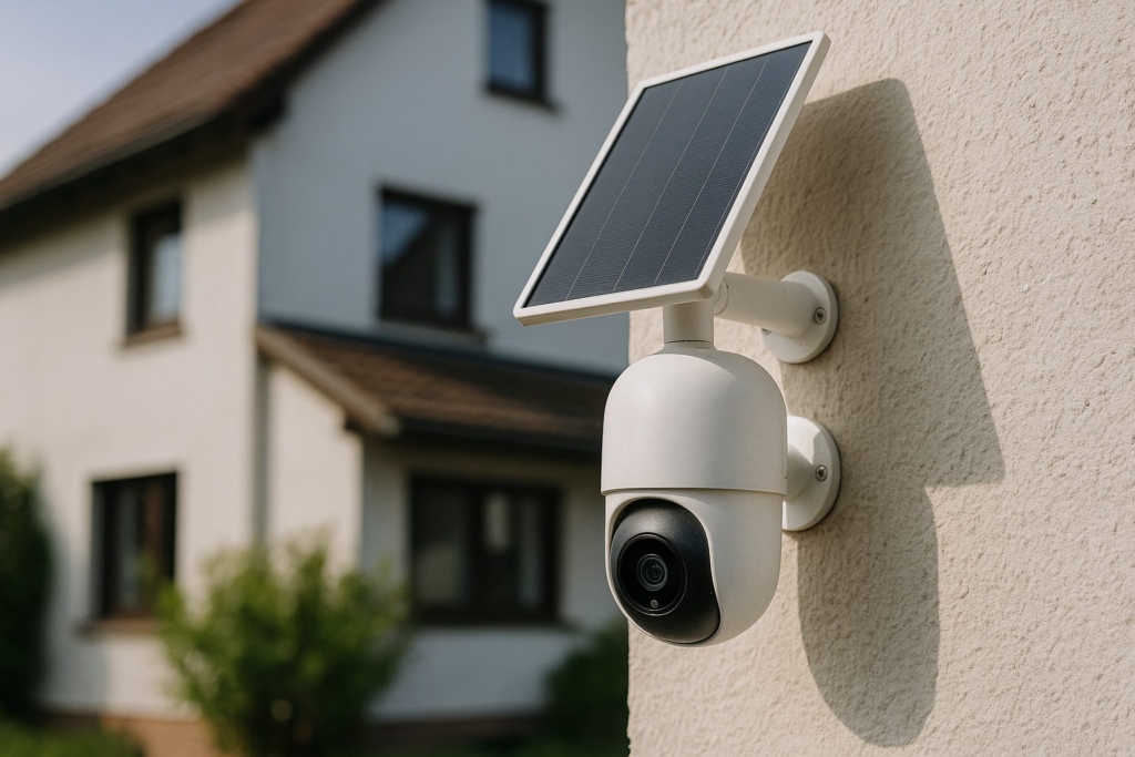 4G-LTE-Überwachungskamera mit Solarpanel an einer Hauswand montiert, ohne Kabel